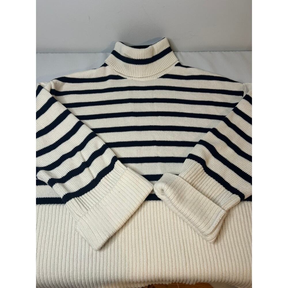 GAP Womens Medium Striped Turtleneck Sweater Navy Cream Cotton Nautical